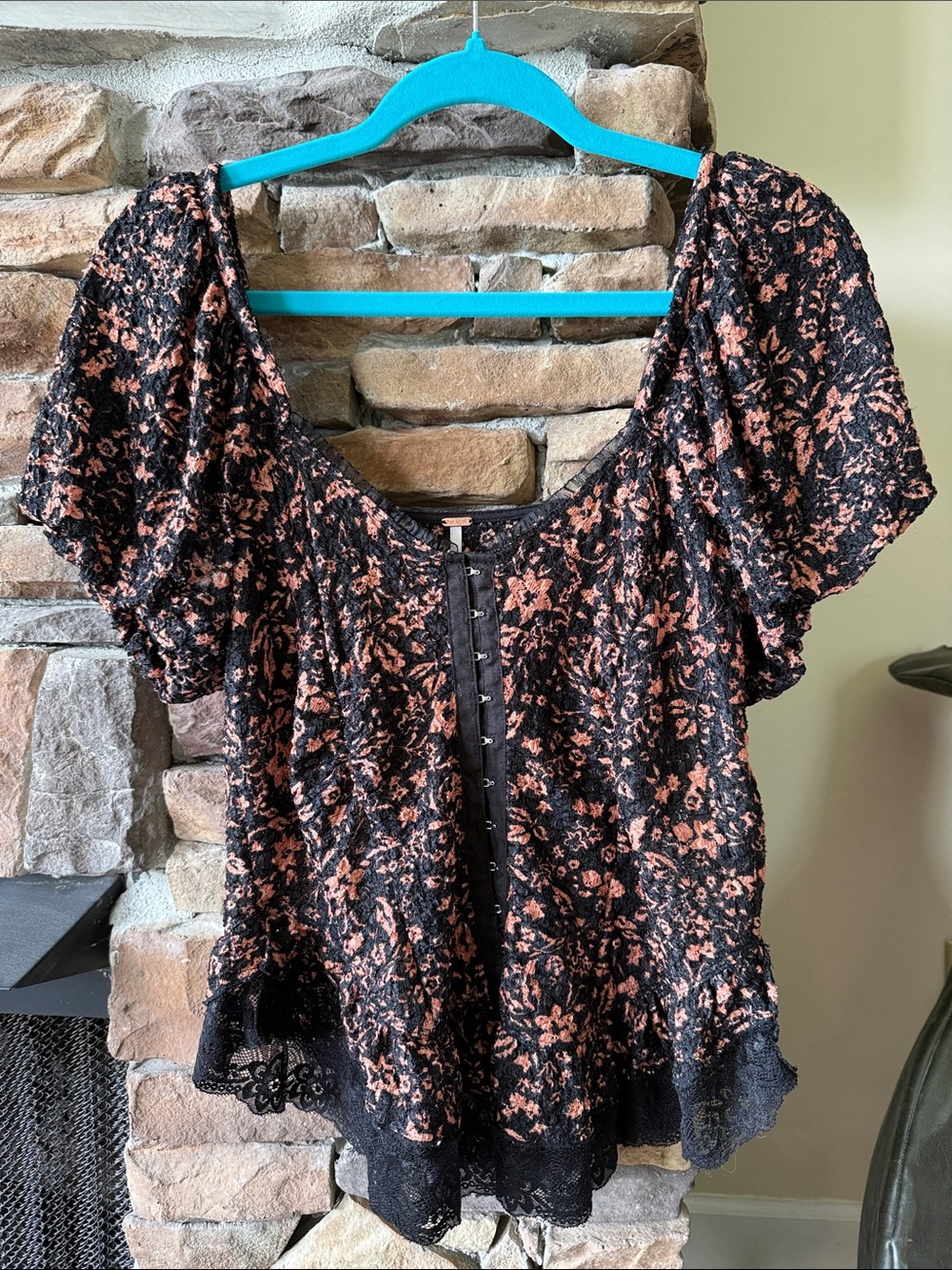 Free People Black Puff Sleeve Floral Lace Trim Top